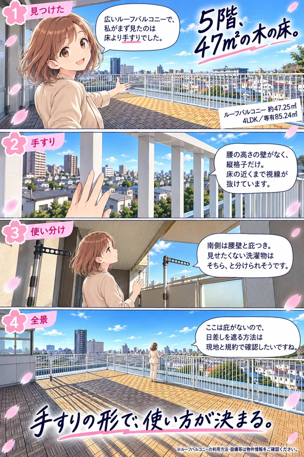 案内役の桜ちゃんが5階・約47.25平米のルーフバルコニーを案内する4コマのマンガ。冒頭見出し: 5階、47㎡の木の床。①見つけた「広いルーフバルコニーで、私がまず見たのは床より手すりでした」②手すり「腰の高さの壁がなく、縦格子だけ。床の近くまで視線が抜けています」③使い分け「南側は腰壁と庇つき。見せたくない洗濯物はそちら、と分けられそうです」④全景「ここは庇がないので、日差しを遮る方法は現地と規約で確認したいですね」大見出し: 手すりの形で、使い方が決まる。ルーフバルコニー約47.25㎡・4LDK・専有85.24平米。※ルーフバルコニーの利用方法・設備等は物件情報をご確認ください。