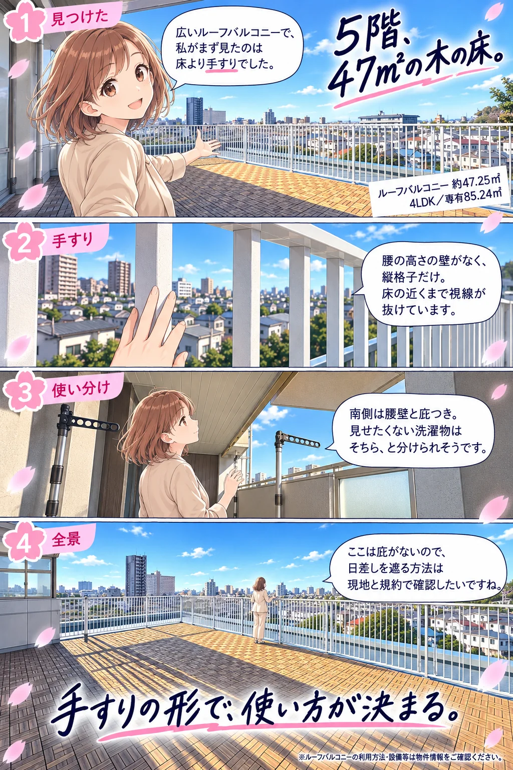 案内役の桜ちゃんが5階・約47.25平米のルーフバルコニーを案内する4コマのマンガ。冒頭見出し: 5階、47㎡の木の床。①見つけた「広いルーフバルコニーで、私がまず見たのは床より手すりでした」②手すり「腰の高さの壁がなく、縦格子だけ。床の近くまで視線が抜けています」③使い分け「南側は腰壁と庇つき。見せたくない洗濯物はそちら、と分けられそうです」④全景「ここは庇がないので、日差しを遮る方法は現地と規約で確認したいですね」大見出し: 手すりの形で、使い方が決まる。ルーフバルコニー約47.25㎡・4LDK・専有85.24平米。※ルーフバルコニーの利用方法・設備等は物件情報をご確認ください。