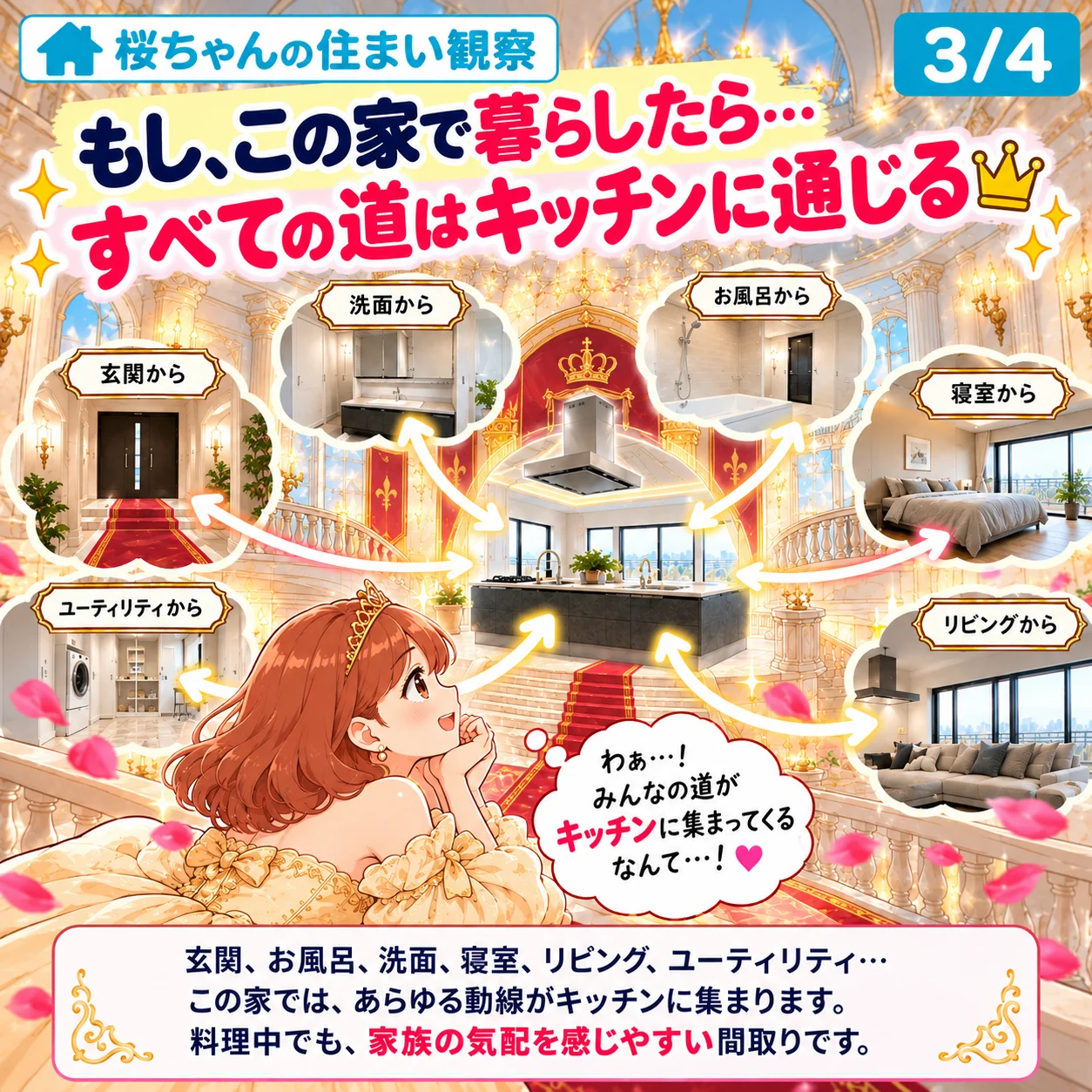 3/4。見出し「もし、この家で暮らしたら…すべての道はキッチンに通じる」。お城の広間のような空想の場面で、玄関・洗面・お風呂・寝室・リビング・ユーティリティからの矢印がキッチンに集まる。ドレス姿の桜ちゃん「わぁ…!みんなの道がキッチンに集まってくるなんて…!」。