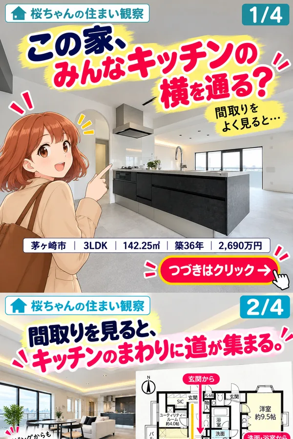 桜ちゃんの住まい観察 1/4。アイランドキッチンを指さす桜ちゃん。見出し「この家、みんなキッチンの横を通る？」「間取りをよく見ると…」。茅ヶ崎市｜3LDK｜142.25㎡｜築36年｜2,690万円。つづきはクリック。