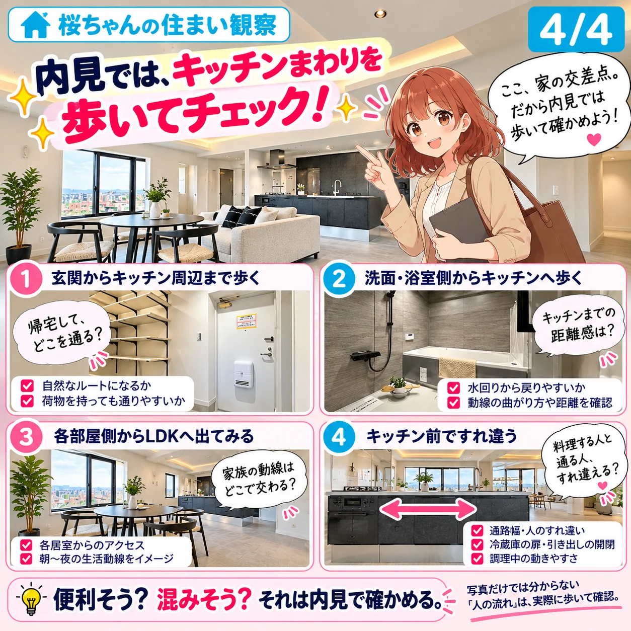 4/4。見出し「内見では、キッチンまわりを歩いてチェック!」桜ちゃん「ここ、家の交差点。だから内見では歩いて確かめよう!」。1 玄関からキッチン周辺まで歩く、2 洗面・浴室側からキッチンへ歩く、3 各部屋側からLDKへ出てみる、4 キッチン前ですれ違う。便利そう?混みそう?それは内見で確かめる。