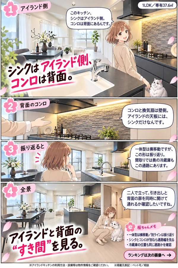 案内役の桜ちゃんと猫のめめちゃんがアイランドキッチンを案内する4コマのマンガ。①アイランド側「このキッチン、シンクはアイランド側。コンロは背面にあるんです」見出し: シンクはアイランド側、コンロは背面。②背面のコンロ「コンロと換気扇は壁側。アイランドの天板には、シンクだけなんです」③振り返ると「一体型は横移動ですが、この形は振り返り。間取りでは奥の冷蔵庫もこの通路にあります」④全景「二人で立って、引き出しと背面の扉を同時に開けて通れるか確認したいですね」桜ちゃんメモ: 一体型は横移動、別ラインは振り返り。シンクとコンロが別なら通路幅を見る。冷蔵庫の位置も同じ通路か確認。大見出し: アイランドと背面のすき間を見る。1LDK・専有37.6㎡。ランキングは次の画像へ。※アイランドキッチンの利用方法・設備等は物件情報をご確認ください。掲載元表記: ペット可／相談