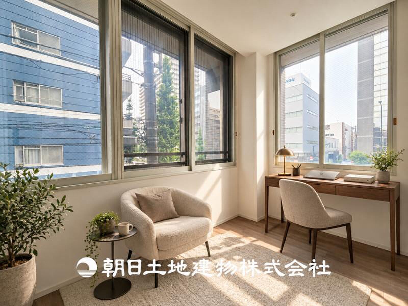 二面の窓が角で出会う、光の差す小さな部屋