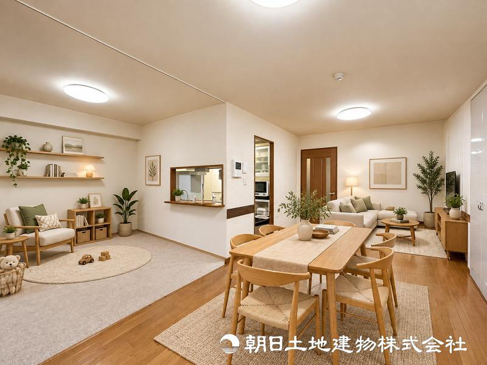 テラスと専用庭に続く17.3帖、横長のLDKを端から端まで