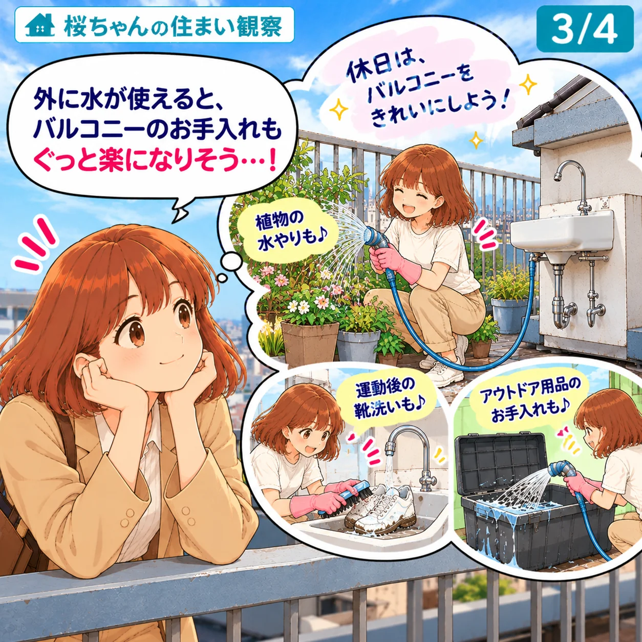 3/4。手すりにもたれて想像する桜ちゃん「外に水が使えると、バルコニーのお手入れもぐっと楽になりそう…!」。想像の中で、休日にバルコニーをきれいにし、植物の水やり、運動後の靴洗い、アウトドア用品のお手入れをしている。