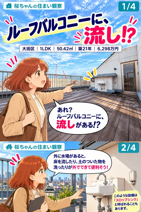 桜ちゃんの住まい観察 1/4。大見出し「ルーフバルコニーに、流し!?」。大田区｜1LDK｜50.42㎡｜築21年｜6,298万円。木のデッキが広がるルーフバルコニーで、桜ちゃんが奥の壁際にある流しを指さし「あれ？ルーフバルコニーに、流しがある!?」と驚いている。