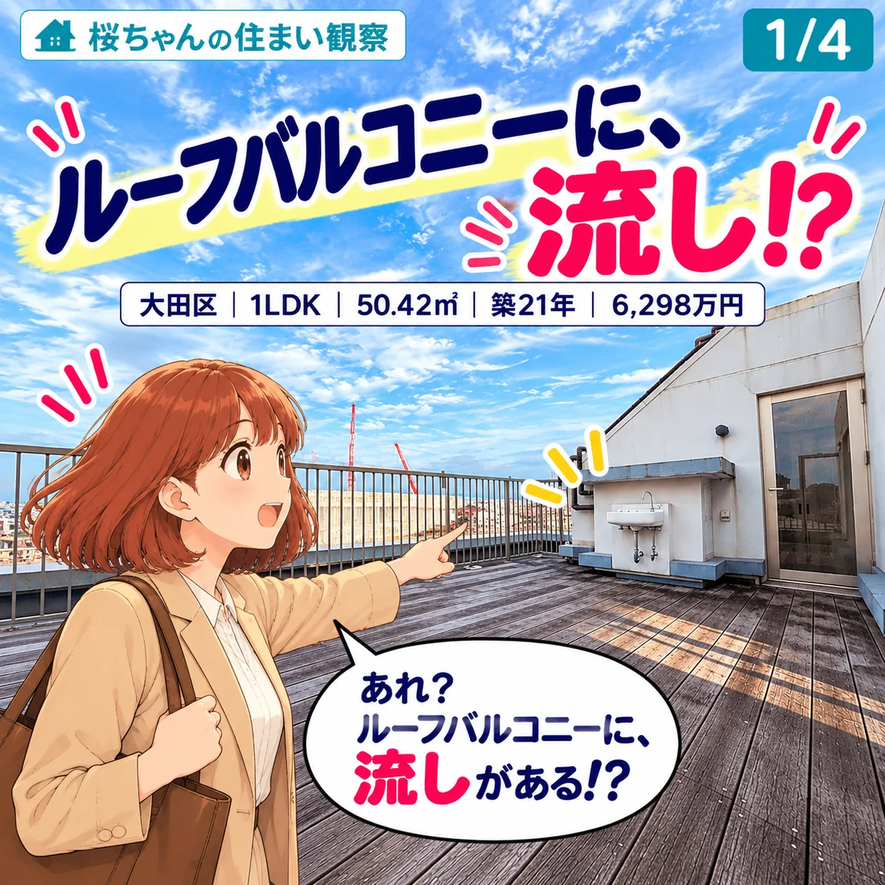 桜ちゃんの住まい観察 1/4。大見出し「ルーフバルコニーに、流し!?」。大田区|1LDK|50.42㎡|築21年|6,298万円。木のデッキが広がるルーフバルコニーで、桜ちゃんが奥の壁際にある流しを指さし「あれ?ルーフバルコニーに、流しがある!?」と驚いている。