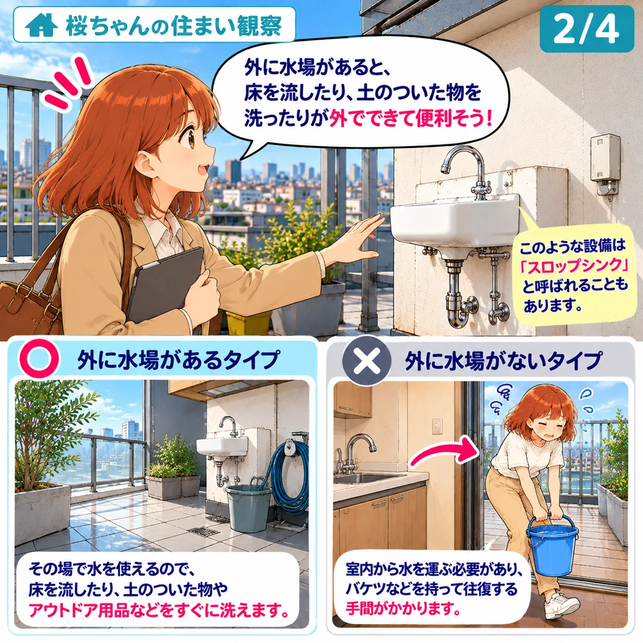 2/4。流しに手を伸ばす桜ちゃん「外に水場があると、床を流したり、土のついた物を洗ったりが外でできて便利そう!」。注記「このような設備は『スロップシンク』と呼ばれることもあります。」比較:外に水場があるタイプは、その場で水を使えるので床を流したり土のついた物やアウトドア用品などをすぐに洗えます。外に水場がないタイプは、室内から水を運ぶ必要があり、バケツなどを持って往復する手間がかかります。