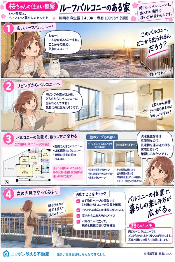桜ちゃんの住まい観察の4コマ漫画「ルーフバルコニーのある家」。川崎市麻生区・4LDK・専有100.93㎡・5階。1コマ目、夕景の広いルーフバルコニーで「こんなに広い。眺めが気持ちいい」、見出し「このバルコニー、どこから出られるんだろう？」。2コマ目、リビングの窓が2か所あり「どちらからもバルコニーに出られる」。3コマ目、間取り図で3か所のバルコニー（西側の大きなバルコニー・LDK南側・東側の洋室の前）を示し、リビングから出られるタイプ（日常の延長で出やすい）と別の部屋から出るタイプ（その部屋の使い方で出る頻度が変わる）を比較。洗濯機置き場は玄関側なので運ぶ道のりも歩いて確認したい、と話す。4コマ目、内見のチェックリスト（物件ページの間取りで3か所の位置を確認・それぞれの出入口を歩く・室内からの出入りのしやすさ・眺めと視線の抜け）。見出しは「バルコニーの位置で、暮らしの楽しみ方が広がる。」