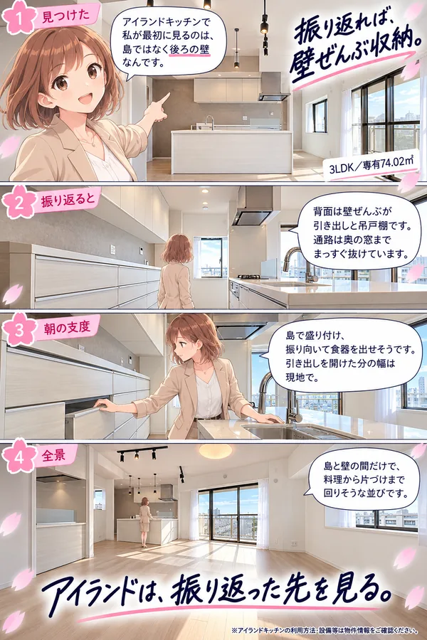 桜ちゃんが案内する4コマのマンガ。①見つけた「アイランドキッチンで私が最初に見るのは、島ではなく後ろの壁なんです」。②振り返ると「背面は壁ぜんぶが引き出しと吊戸棚です。通路は奥の窓までまっすぐ抜けています」。③朝の支度「島で盛り付け、振り向いて食器を出せそうです。引き出しを開けた分の幅は現地で」。④全景「島と壁の間だけで、料理から片づけまで回りそうな並びです」。1コマ目に「振り返れば、壁ぜんぶ収納。」、締めに「アイランドは、振り返った先を見る。」3LDK／専有74.02㎡。