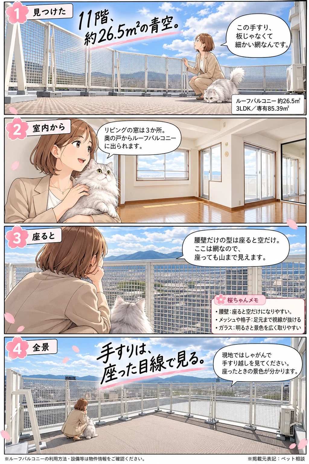 桜ちゃんとめめちゃんが11階・約26.5㎡のルーフバルコニーを案内する4コマのマンガ。①見つけた「この手すり、板じゃなくて細かい網なんです。」見出し: 11階、約26.5㎡の青空。②室内から「リビングの窓は3か所。奥の戸からルーフバルコニーに出られます。」③座ると「腰壁だけの型は座ると空だけ。ここは網なので、座っても山まで見えます。」④全景「現地ではしゃがんで手すり越しを見てください。座ったときの景色が分かります。」見出し: 手すりは、座った目線で見る。桜ちゃんメモ: 腰壁は座ると空だけになりやすい/メッシュや格子は足元まで視線が抜ける/ガラスは明るさと景色を広く取りやすい。3LDK・専有85.39㎡。※利用方法・設備等は物件情報をご確認ください。