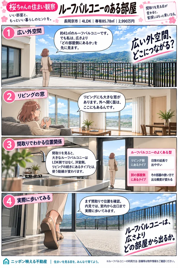 桜ちゃんの住まい観察の4コマ漫画「ルーフバルコニーのある部屋」。長岡京市・4LDK・専有85.78㎡・2,990万円。1コマ目、山並みが見える広いルーフバルコニーで「約41㎡のルーフバルコニー。でも広さより、どの部屋側にあるかを先に見る」。2コマ目、リビングの大きな窓の前で「リビングにも外へ開く面がある」。3コマ目、キッチン越しに洋室側の出口を見て「間取りを見ると、ルーフバルコニーはLDK側ではなく洋室側」と、リビング側にあるタイプと別の部屋側にあるタイプの比較表。4コマ目、足元のアップで「まず間取りで位置を確認し、内見では室内から出口まで歩いてみる」。見出しは「ルーフバルコニーは、広さよりどの部屋から出るか。」