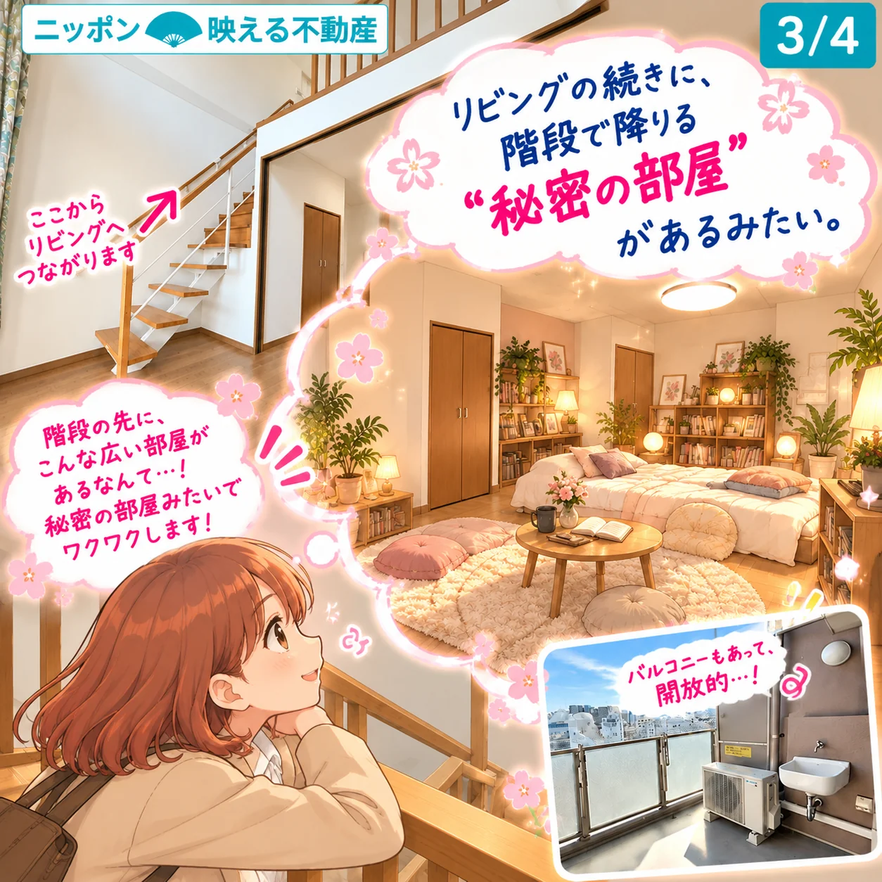 4枚のうち3枚目。桜ちゃんが階段を見上げながら想像している場面。雲形の吹き出しの中に、家具を置いた下の階の部屋のイメージが描かれ「リビングの続きに、階段で降りる“秘密の部屋”があるみたい。」とある。吹き出しの中は想像で、実際の部屋は空室。