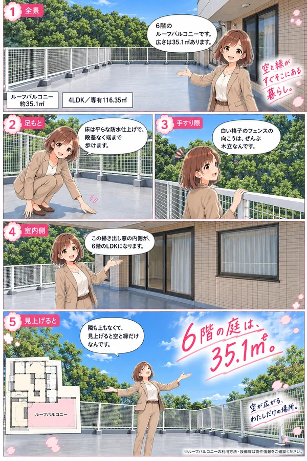 横浜市中区のルーフバルコニーを案内する5コマのマンガ。4LDK・専有116.35㎡。6階建の最上階にある約35.1㎡の平らな防水仕上げの床と白い格子フェンス。フェンスの向こうは一面の木立で、掃き出し窓の内側が6階のLDK。