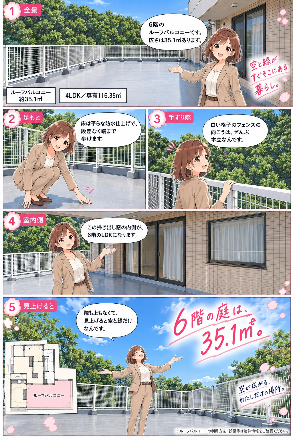 横浜市中区のルーフバルコニーを案内する5コマのマンガ。4LDK・専有116.35㎡。6階建の最上階にある約35.1㎡の平らな防水仕上げの床と白い格子フェンス。フェンスの向こうは一面の木立で、掃き出し窓の内側が6階のLDK。