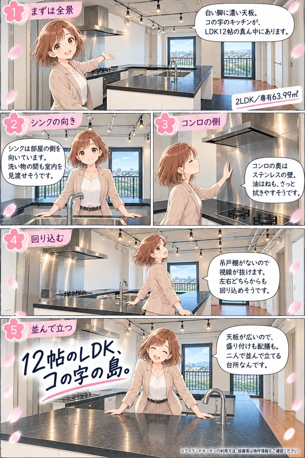 案内役の桜ちゃんがアイランドキッチンを案内する5コマのマンガ。①まずは全景「白い脚に濃い天板。コの字のキッチンが、LDK12帖の真ん中にあります」②シンクの向き「シンクは部屋の側を向いています。洗い物の間も室内を見渡せそうです」③コンロの側「コンロの奥はステンレスの壁。油はねも、さっと拭きやすそうです」④回り込む「吊戸棚がないので視線が抜けます。左右どちらからも回り込めそうです」⑤並んで立つ「天板が広いので、盛り付けも配膳も。二人で並んで立てる台所なんです」大見出し: 12帖のLDK、コの字の島。2LDK・専有63.99平米。※アイランドキッチンの利用方法・設備等は物件情報をご確認ください。