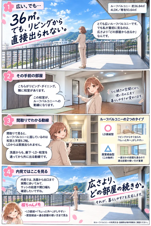 桜ちゃんが約36.84㎡のルーフバルコニーを案内する4コマのマンガ。①見出し「36㎡。でも、リビングから直接出られない。」最初に見るのは広さより、どの部屋から出るか。②リビング・ダイニングの隣の和室が、ルーフバルコニーへの動線になる。③間取りで見ると、面しているのは和室と洋室6.2帖でLDからは直接出られない。洗面からも廊下・LD・和室を通って外に出る。LD直結型は「ちょっと外へ」がしやすく、居室経由型（この物件）は通る部屋の使い方が重要。④内見では洗面から出口まで歩き、サッシの段差や開口幅も確認したい。見出し「広さより、どの部屋の続きか。」4LDK・専有93.64㎡。※利用方法・設備等は物件情報をご確認ください。