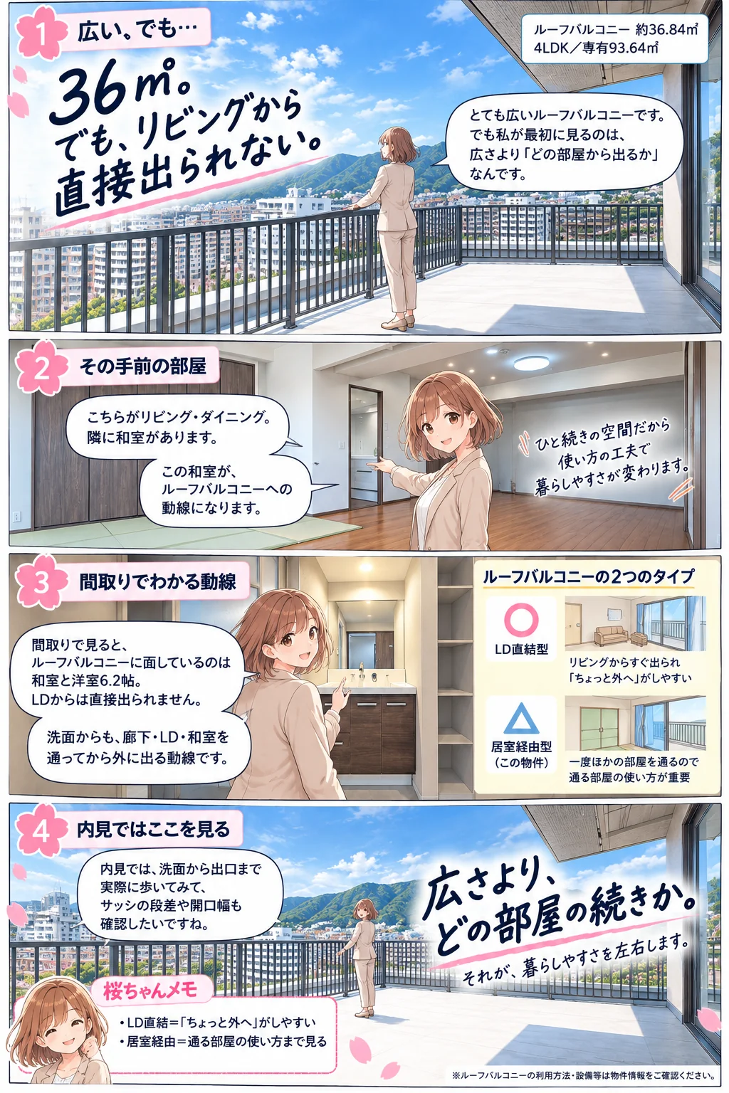 桜ちゃんが約36.84㎡のルーフバルコニーを案内する4コマのマンガ。①見出し「36㎡。でも、リビングから直接出られない。」最初に見るのは広さより、どの部屋から出るか。②リビング・ダイニングの隣の和室が、ルーフバルコニーへの動線になる。③間取りで見ると、面しているのは和室と洋室6.2帖でLDからは直接出られない。洗面からも廊下・LD・和室を通って外に出る。LD直結型は「ちょっと外へ」がしやすく、居室経由型（この物件）は通る部屋の使い方が重要。④内見では洗面から出口まで歩き、サッシの段差や開口幅も確認したい。見出し「広さより、どの部屋の続きか。」4LDK・専有93.64㎡。※利用方法・設備等は物件情報をご確認ください。