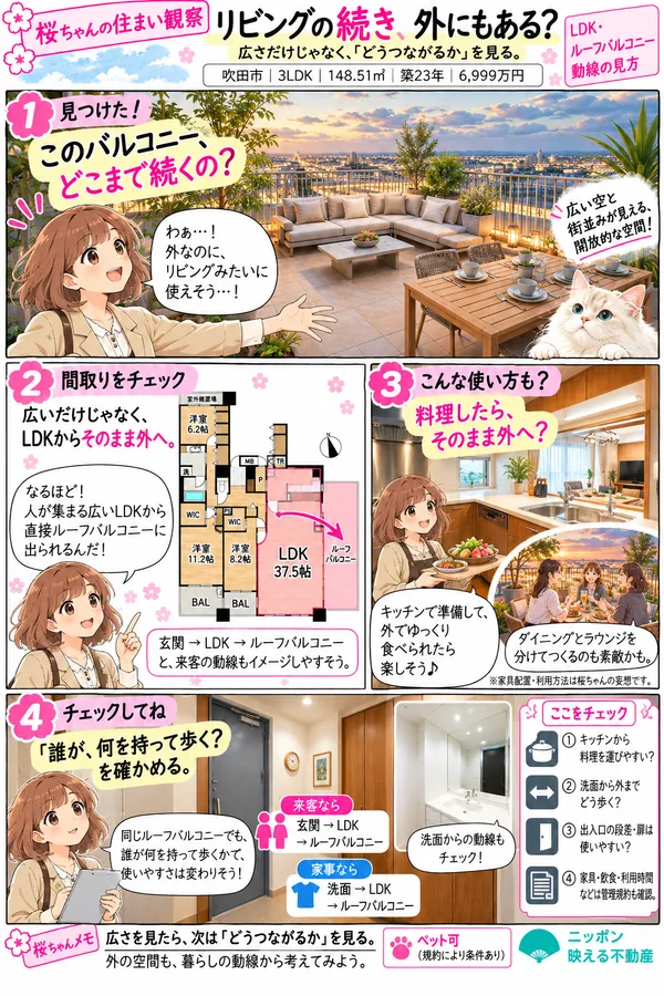 桜ちゃんの住まい観察『リビングの続き、外にもある？』吹田市・3LDK・148.51㎡・築23年・6,999万円。1コマ目：広い空と街並みが見えるルーフバルコニーを見つけた桜ちゃんが「外なのに、リビングみたいに使えそう」と驚く。2コマ目：間取り図で、37.5帖のLDKから直接ルーフバルコニーへ出られることを確認。玄関→LDK→ルーフバルコニーと来客の動線もイメージしやすい。3コマ目：キッチンで準備した料理をそのまま外へ運んで食べる使い方を想像する（家具配置・利用方法は想像）。4コマ目：誰が何を持って歩くかを確かめよう。来客なら玄関→LDK→ルーフバルコニー、家事なら洗面→LDK→ルーフバルコニー。チェック項目は、キッチンから料理を運びやすいか、洗面から外までどう歩くか、出入口の段差や扉は使いやすいか、家具・飲食・利用時間などは管理規約で確認。まとめ：広さを見たら、次は「どうつながるか」を見る。