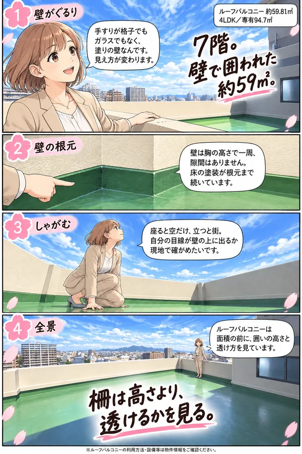 4コマのマンガ。1コマ目「壁がぐるり」案内役が7階のルーフバルコニーで塗りの腰壁に手を置き、手すりが格子でもガラスでもなく壁だと話す。2コマ目「壁の根元」壁が胸の高さで一周し、緑色の床塗装が根元まで続く様子を指さす。3コマ目「しゃがむ」しゃがむと空だけ、立つと街が見えると話す。4コマ目「全景」約59㎡のルーフバルコニー全体と熊本の街並み。見出しは「柵は高さより、透けるかを見る。」