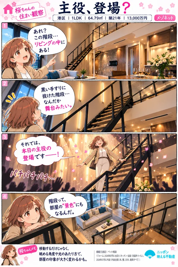 桜ちゃんの住まい観察「主役、登場？」港区｜1LDK｜64.79㎡｜築21年｜13,000万円・メゾネット。1コマ目: 桜ちゃんが「あれ？この階段…リビングの中にある！」と吹き抜けのリビングにある階段を指さす。2コマ目: 「黒い手すりに抜けた階段…なんだか舞台みたい。」3コマ目: 桜ちゃんの想像で、拍手の中「それでは、本日の主役の登場です！」と階段を下りてくる。4コマ目: 上の階の手すりからリビングを見下ろし「階段って、部屋の“景色”にもなるんだ。」桜ちゃんメモ: 移動するだけじゃなく、眺める角度や光のあたり方で、部屋の印象が大きく変わるかも。掲載元表記: ペット相談。リフォーム: 2026年07月に水回り（キッチン・浴室・洗面所・トイレ）、内装全面（床、壁、天井、建具すべて）。