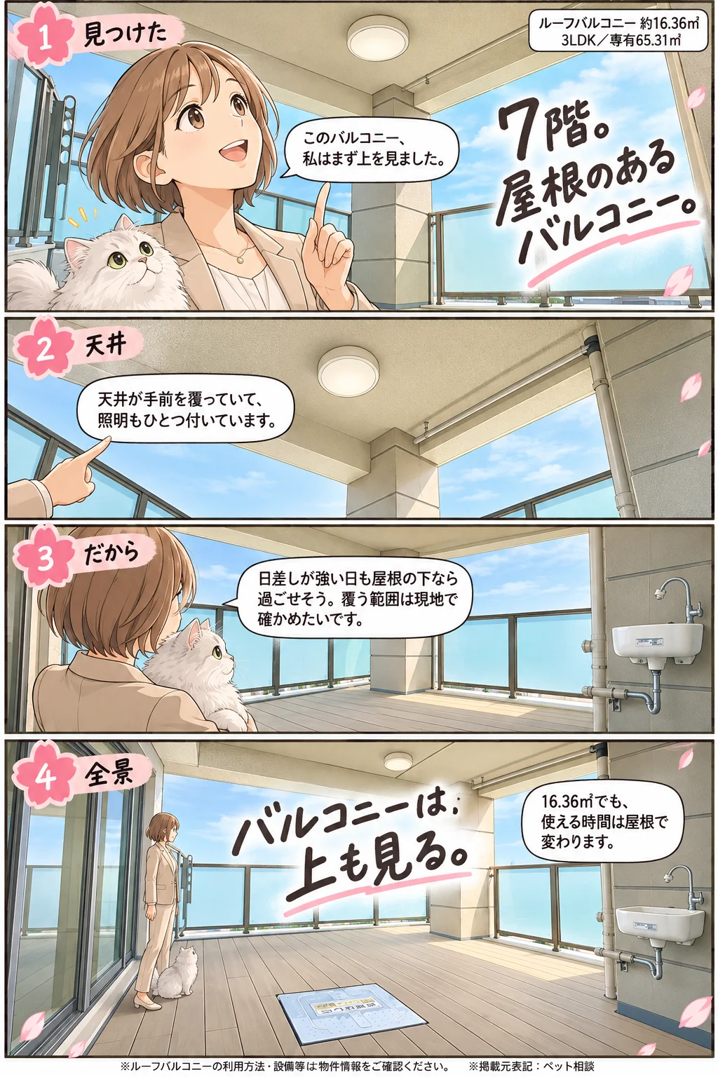 桜ちゃんとめめちゃんが案内する4コマのマンガ。①見つけた「このバルコニー、私はまず上を見ました」。②天井「天井が手前を覆っていて、照明もひとつ付いています」。③だから「日差しが強い日も屋根の下なら過ごせそう。覆う範囲は現地で確かめたいです」。④全景「16.36㎡でも、使える時間は屋根で変わります」。1コマ目に「7階。屋根のあるバルコニー。」、締めに「バルコニーは、上も見る。」ルーフバルコニー約16.36㎡/3LDK・専有65.31㎡。掲載元表記:ペット相談。