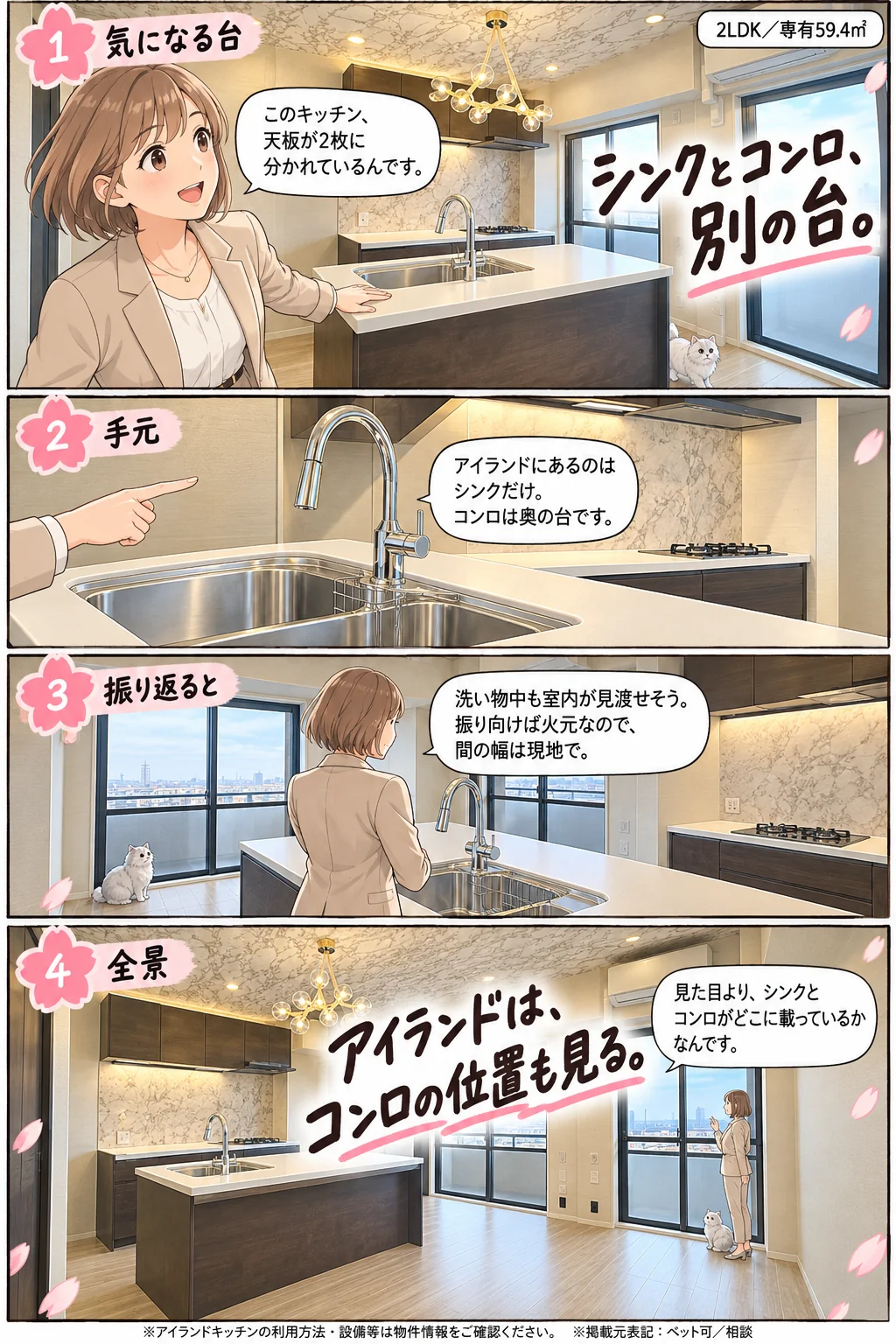 桜ちゃんとめめちゃんが案内する4コマのマンガ。①気になる台「このキッチン、天板が2枚に分かれているんです」。②手元「アイランドにあるのはシンクだけ。コンロは奥の台です」。③振り返ると「洗い物中も室内が見渡せそう。振り向けば火元なので、間の幅は現地で」。④全景「見た目より、シンクとコンロがどこに載っているかなんです」。1コマ目に「シンクとコンロ、別の台。」、締めに「アイランドは、コンロの位置も見る。」2LDK/専有59.4㎡。掲載元表記:ペット可/相談。