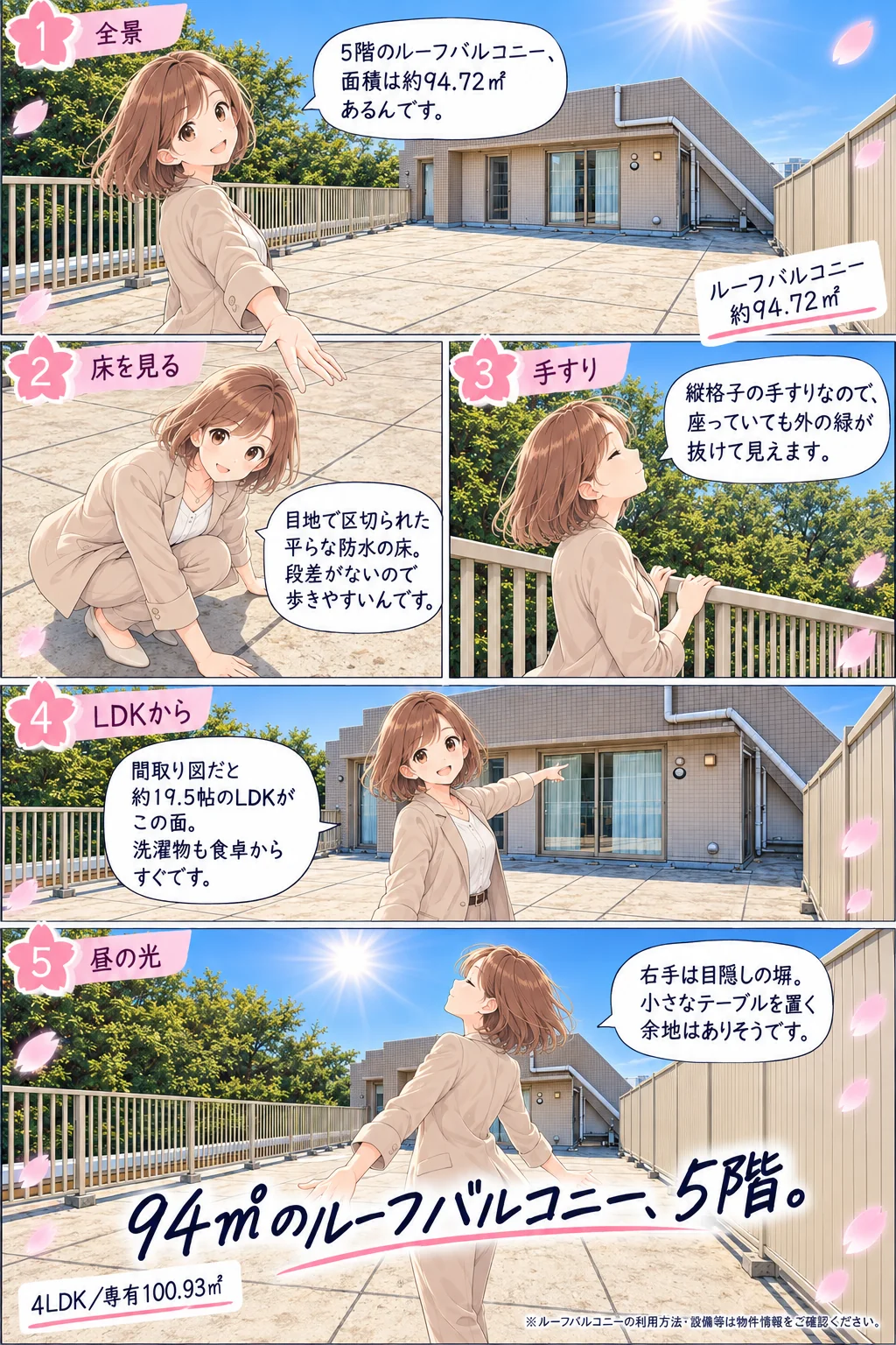 案内役の桜ちゃんが5階・約94.72平米のルーフバルコニーを案内する5コマのマンガ。①全景「5階のルーフバルコニー、面積は約94.72㎡あるんです」②床を見る「目地で区切られた平らな防水の床。段差がないので歩きやすいんです」③手すり「縦格子の手すりなので、座っていても外の緑が抜けて見えます」④LDKから「間取り図だと約19.5帖のLDKがこの面。洗濯物も食卓からすぐです」⑤昼の光「右手は目隠しの塀。小さなテーブルを置く余地はありそうです」大見出し: 94㎡のルーフバルコニー、5階。4LDK・専有100.93平米。※ルーフバルコニーの利用方法・設備等は物件情報をご確認ください。