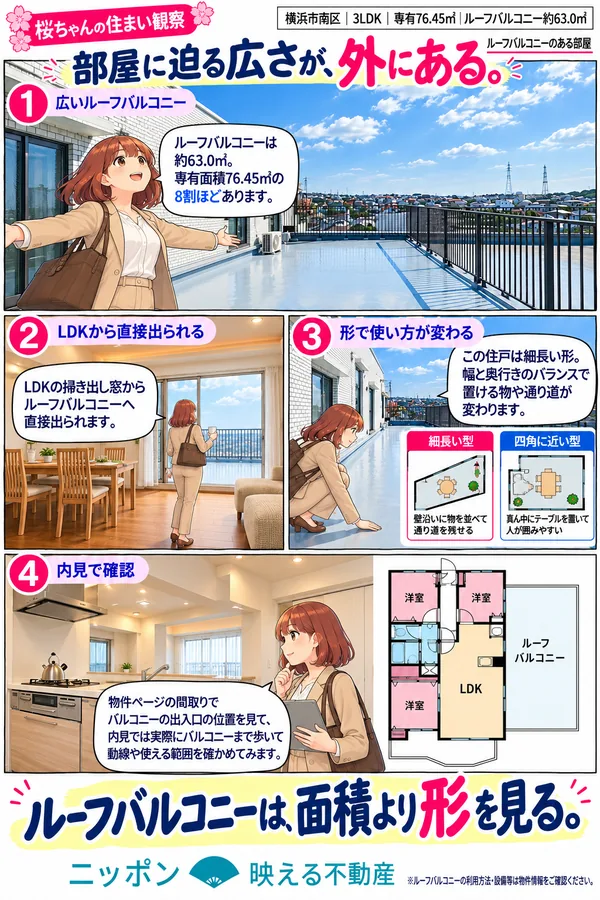 桜ちゃんの住まい観察のマンガ。専有76.45㎡の3LDKに約63.0㎡のルーフバルコニー。LDKの掃き出し窓から直接出られ、細長い形か四角に近い形かで置ける物や通り道が変わることを4コマで説明している。