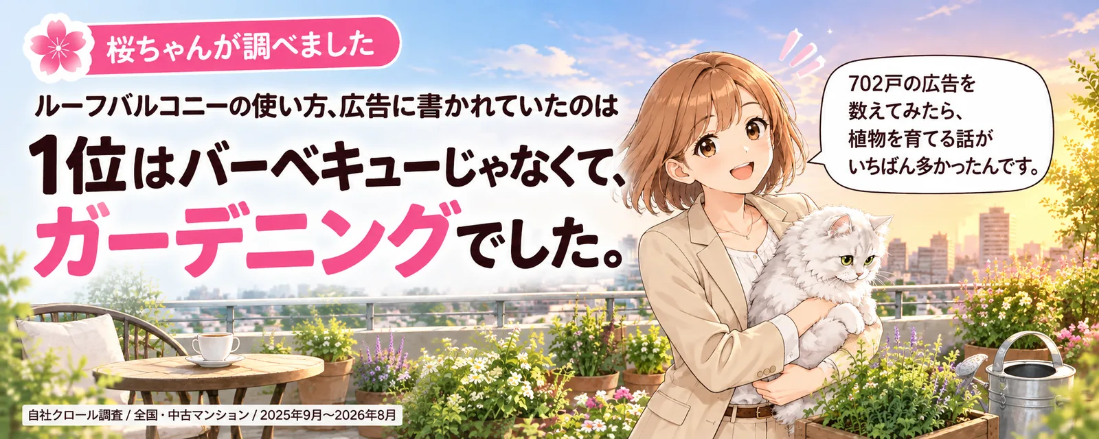 桜ちゃんが調べました。ルーフバルコニーの使い方、広告に書かれていたのは、1位はバーベキューじゃなくて、ガーデニングでした。702戸の広告を数えてみたら、植物を育てる話がいちばん多かったんです。自社クロール調査／全国・中古マンション／2025年9月〜2026年8月。